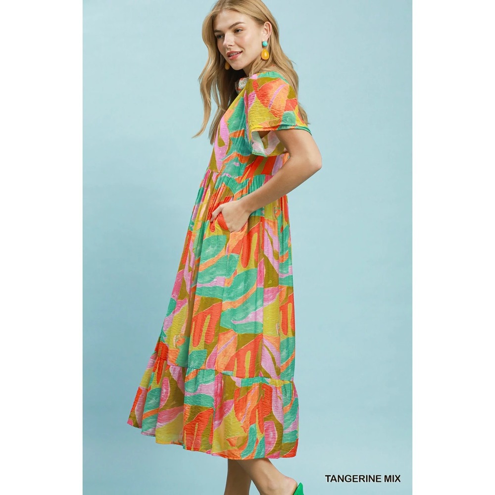 Umgee Abstract Tropical Print Tiered Midi Dress - Tangerine Mix - Large - Picture 2 of 5